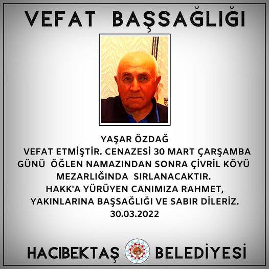 Yaşar ÖZDAĞ Vefat ve Başsağlığı