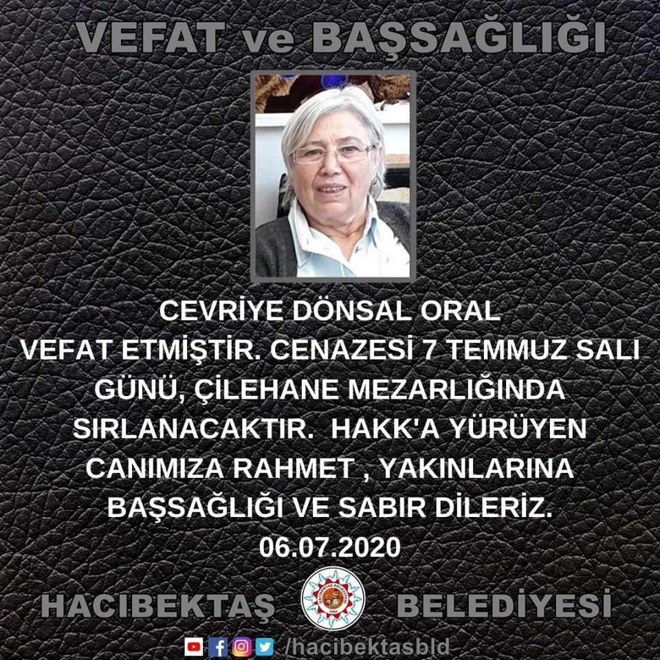 Cevriye Dönsal ORAL Vefat ve Başsağlığı.