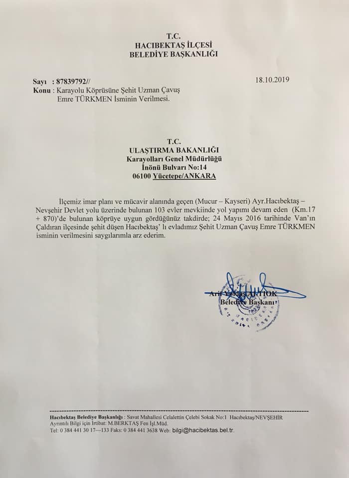 103 Evler Çevre Yoluna Emre TÜRKMEN isminin verilmesi talebi.