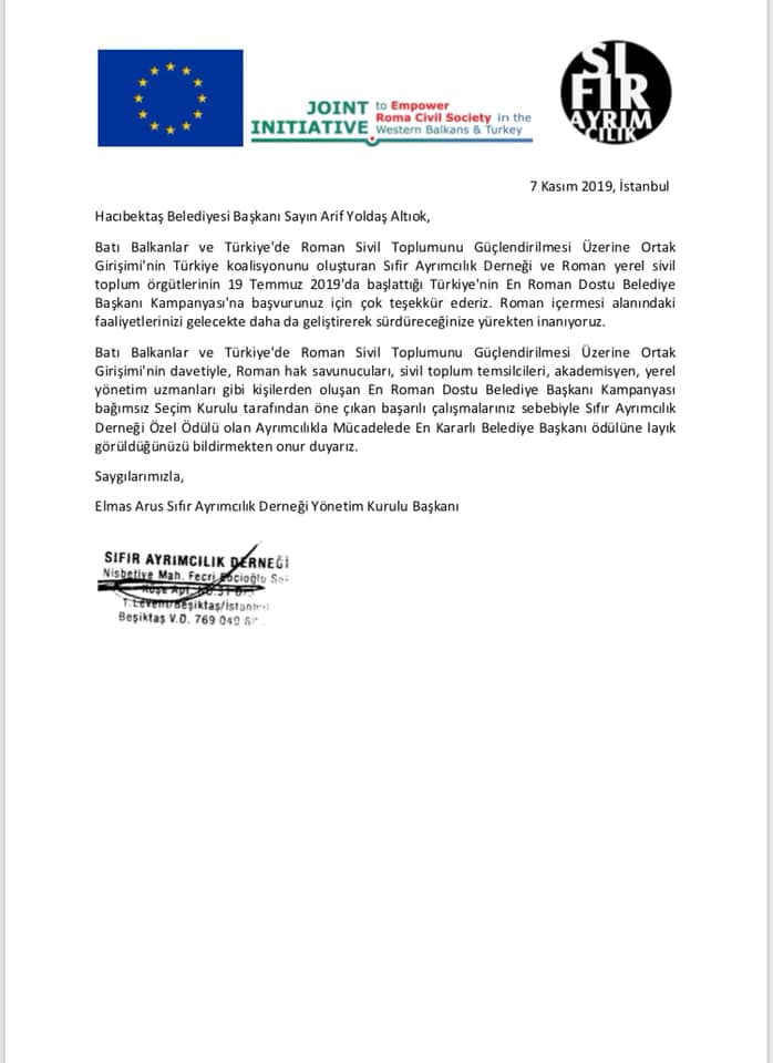 Ayrımcılıkla Mücadelede EN KARARLI BELEDİYE BAŞKANI Ödülüne layık  olmanın mutluğunu yaşıyorum.